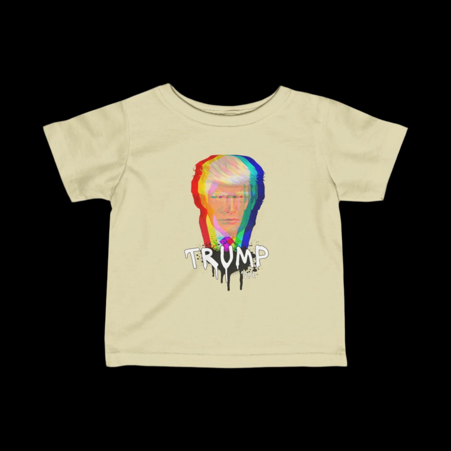 This cotton beige T-shirt showcases a stylized, multicolored image of a mans face with TRUMP in bold, dripping letters below. The Trump-graffiti art design features a glitch effect set against a black background.