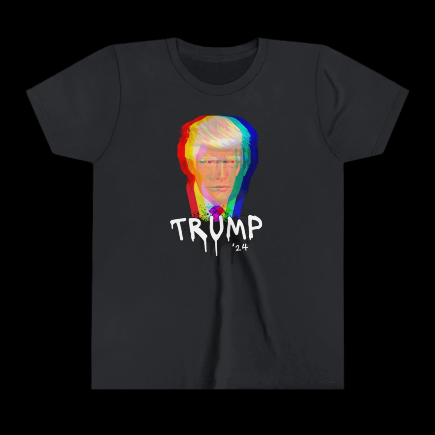 This 100% cotton black T-shirt features a vibrant, glitch-effect image of a mans face with TRUMP 24 boldly displayed in white, drippy letters, offering a unique blend of Trump-Graffiti Art style.