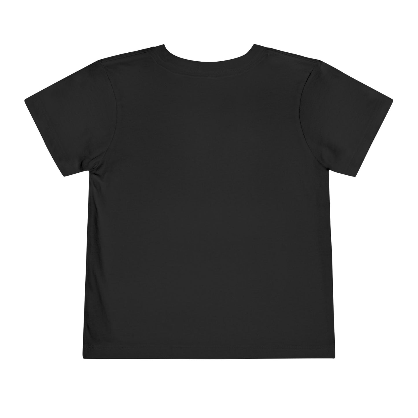A plain black cotton tee is displayed on a white background. The shirt is laid flat, showcasing its short sleeves and round neckline. The image highlights the back of the shirt, emphasizing its simple and solid color design perfect for toddlers.