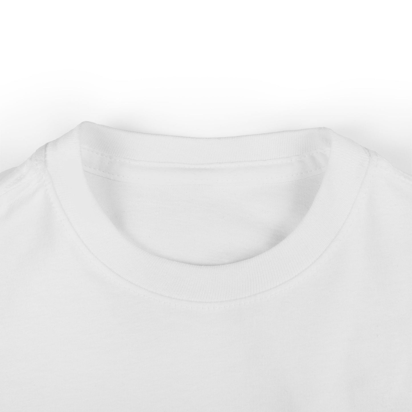 Close-up of a plain white cotton t-shirt collar, highlighting the round neckline and smooth fabric texture.