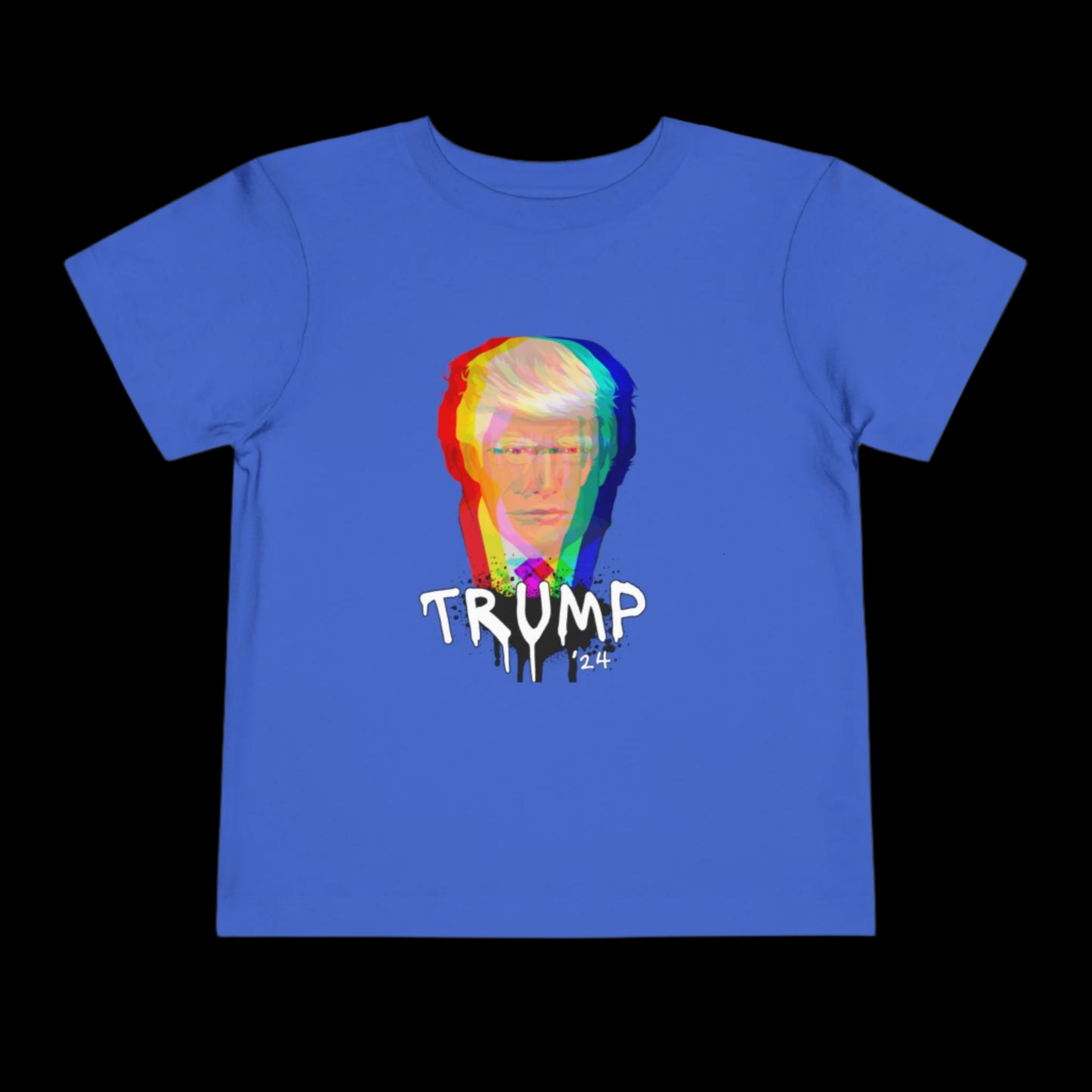 Blue cotton tee featuring a stylized, glitch-effect graphic of a man with the text TRUMP 24 in white, dripping letters below. The background is black.