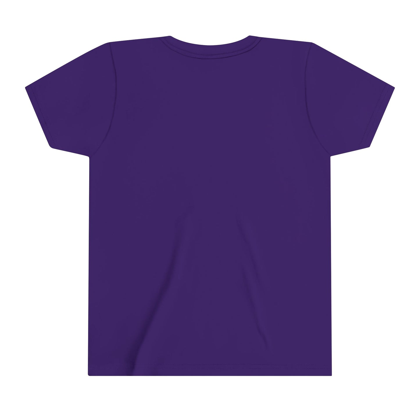 The image showcases a plain, dark purple youth tee made from 100% cotton. Laid flat, the shirts back is visible with short sleeves and a straightforward design without any logos or patterns.
