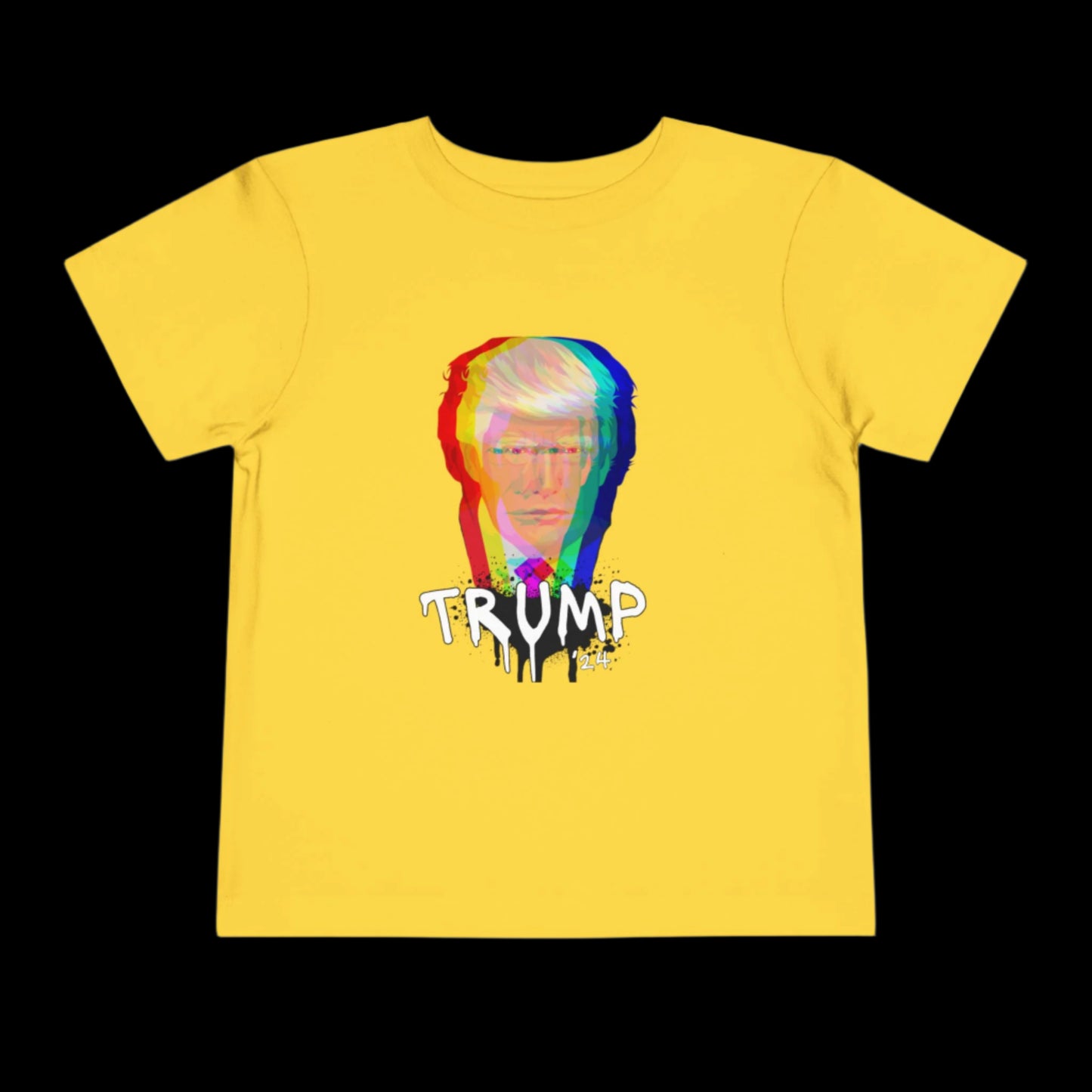 Yellow cotton tee featuring a glitch-style graphic of a persons face and the word TRUMP below, enhanced by a dripping paint effect. The black background makes it perfect for stylish toddlers.