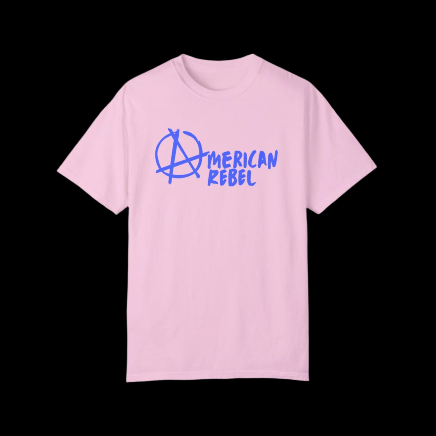 A light pink t-shirt from the American Rebel Brand features blue text reading American Rebel alongside an anarchy symbol for a vintage look. Made from 100% cotton.