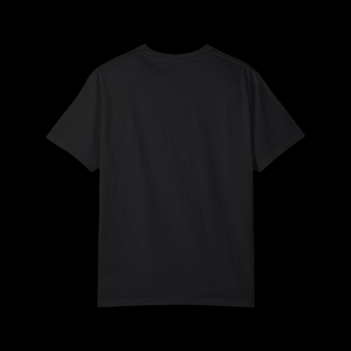 A plain black T-shirt from the American Rebel Brand is shown against a black background, displayed from the back. Crafted from 100% cotton, the shirt maintains a simple and casual vibe with short sleeves and a classic design that hints at a vintage look.