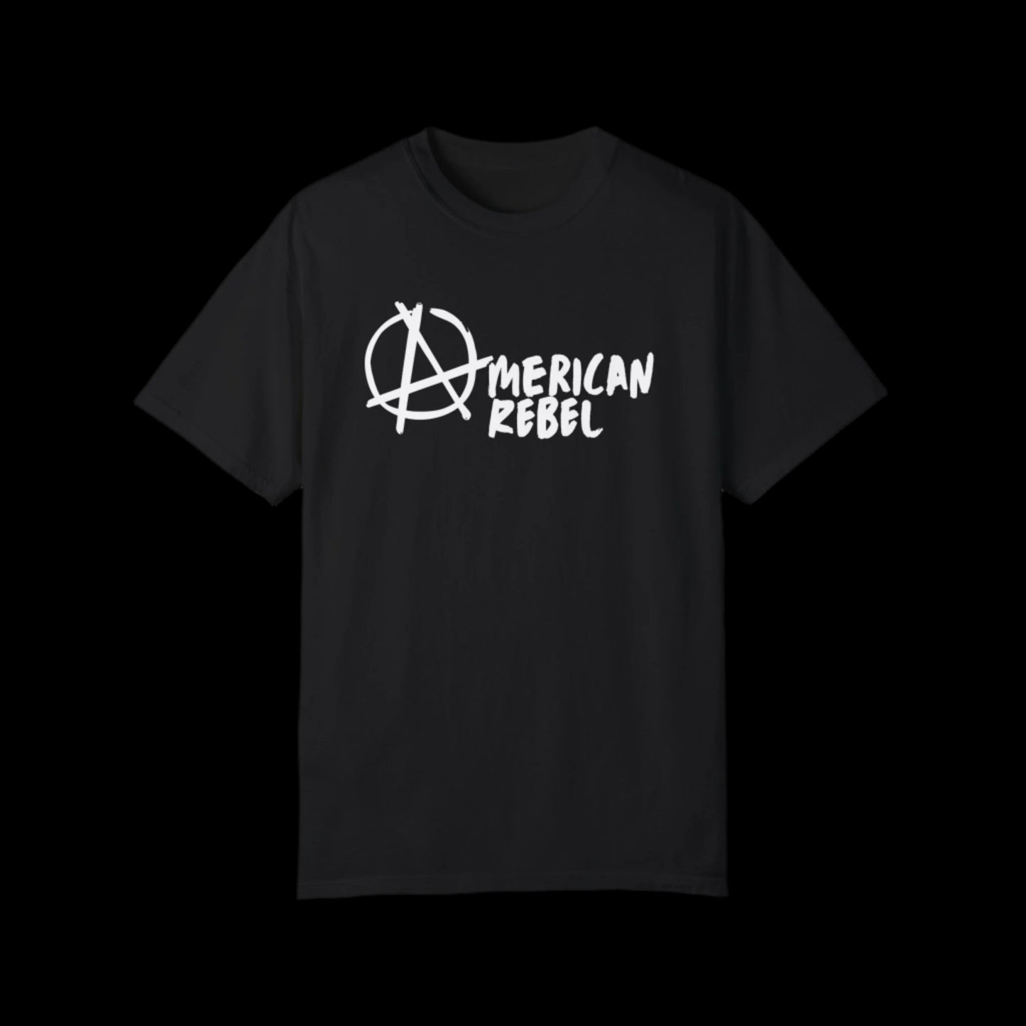Black T-shirt with a vintage look, crafted from 100% cotton, showcasing white text that reads American Rebel alongside an iconic anarchy symbol.