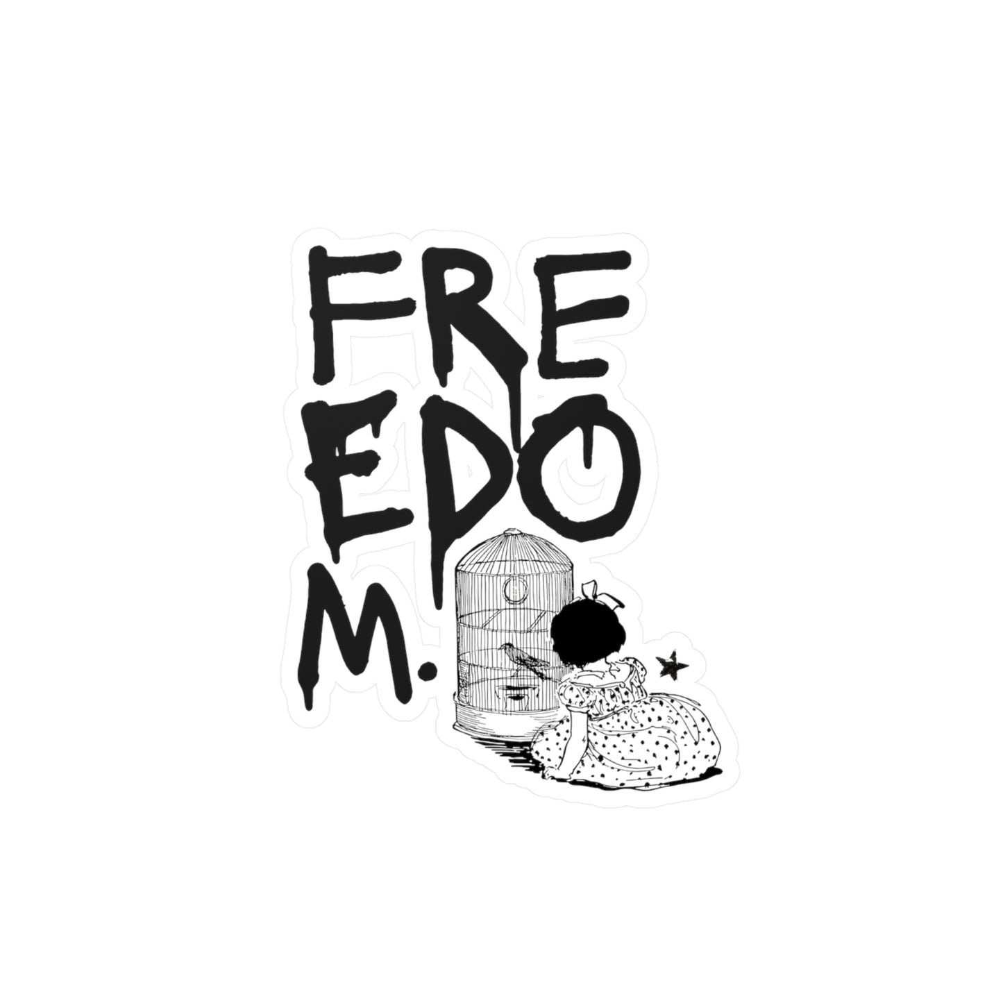 A whimsical kiss-cut sticker features a girl in a polka dot dress opening a birdcage, with FREEDOM boldly emblazoned above. This vinyl decal boasts removable adhesive, perfect for adding charm to any space without commitment.