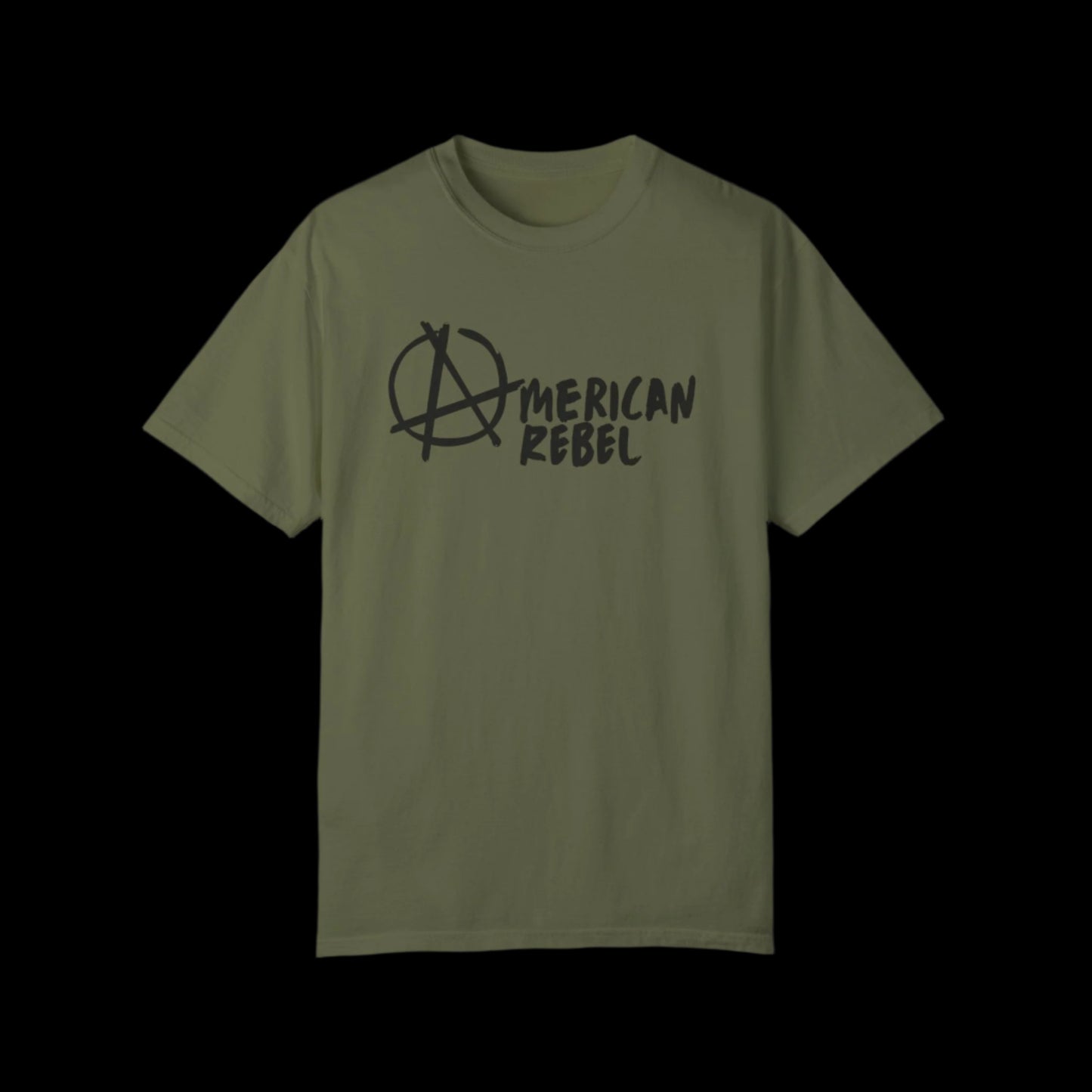 This vintage-look hemp green T-shirt from American Rebel Brand features American Rebel in black, with an anarchist symbol as the letter A. Made from 100% cotton, the T-shirt pops against a black background.