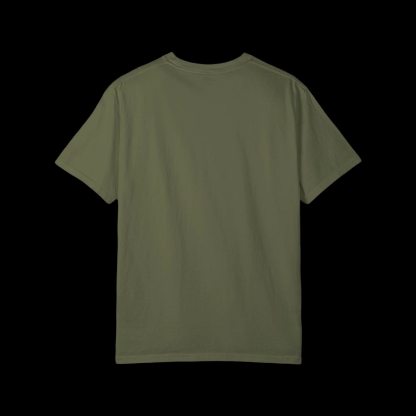 A plain hemp green T-shirt, crafted from 100% cotton for a soft feel, is shown from the back against a black background. Its short sleeves and absence of visible logos or designs contribute to its timeless vintage look.