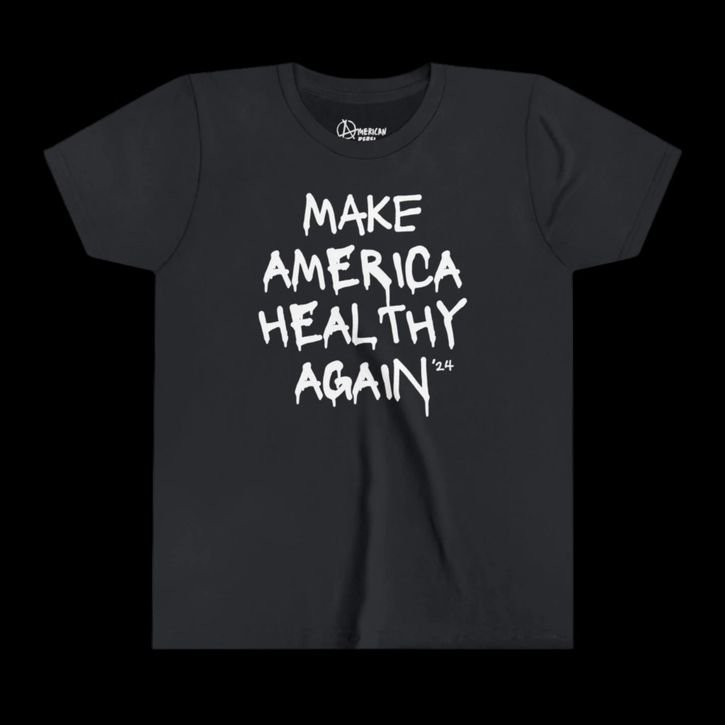 Youth Tee crafted from 100% cotton, featuring a vintage black design with the slogan Make America Healthy Again 24 in bold, white, hand-written style font.