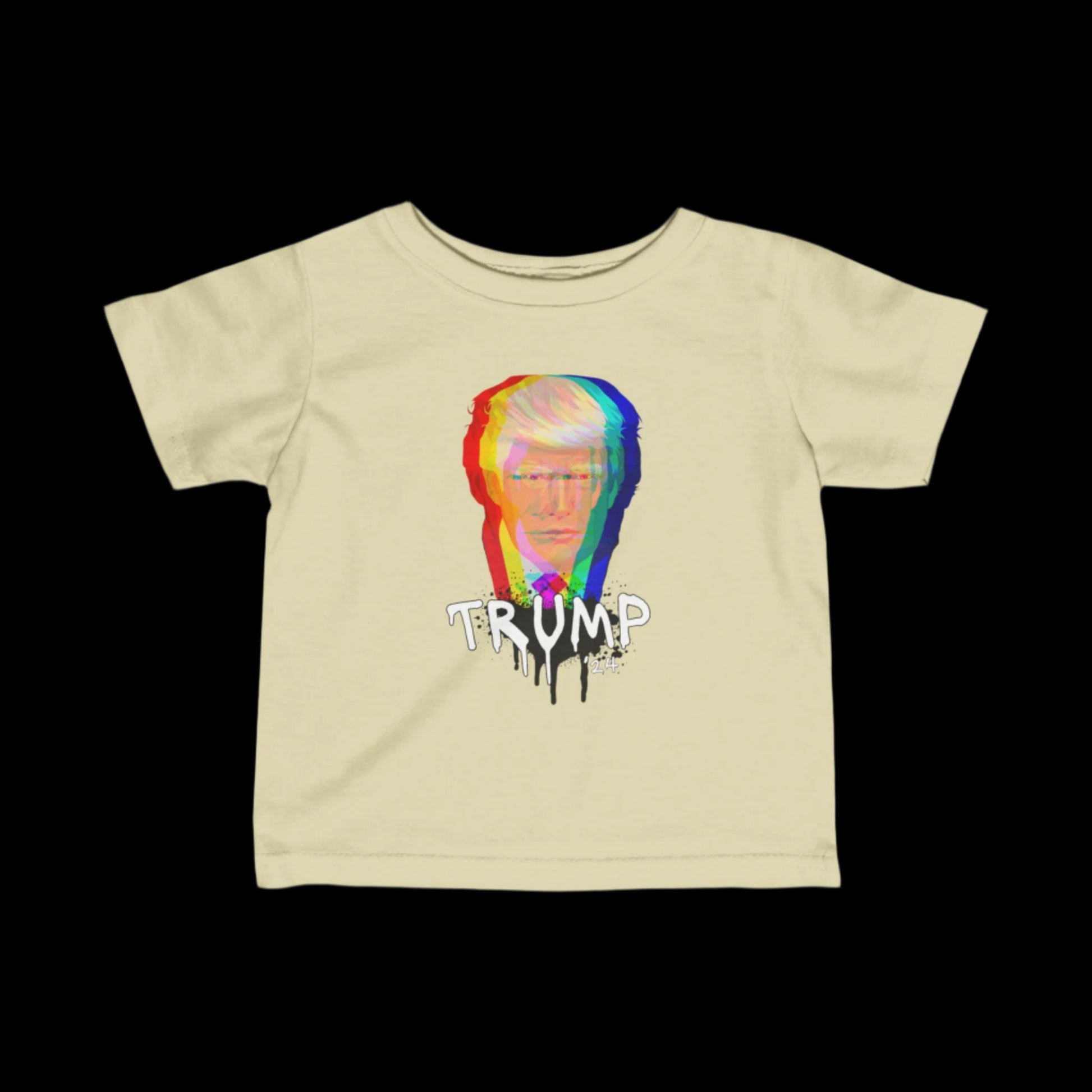 This cotton beige T-shirt showcases a stylized, multicolored image of a mans face with TRUMP in bold, dripping letters below. The Trump-graffiti art design features a glitch effect set against a black background.
