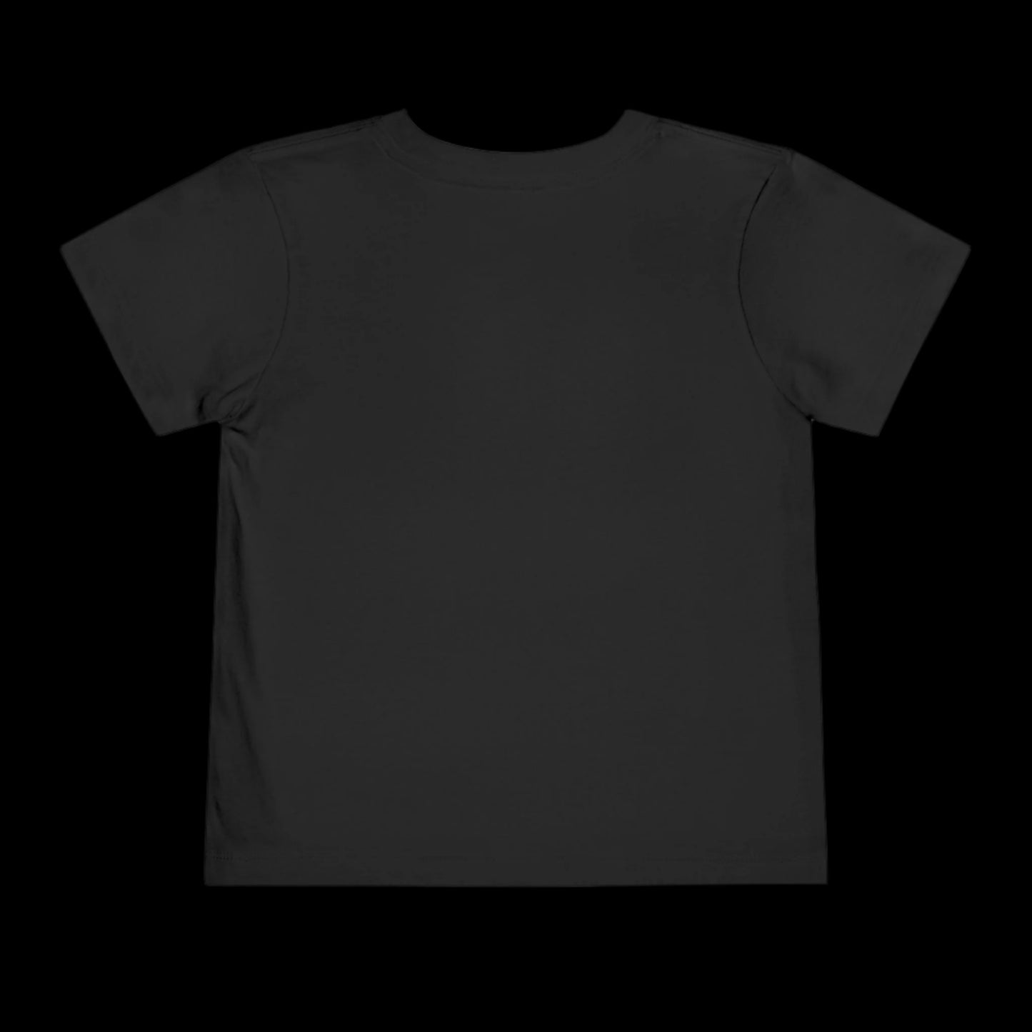A plain black toddler tee displayed against a black background, showcasing the back view. The short-sleeved T-shirt features a simple, classic design.