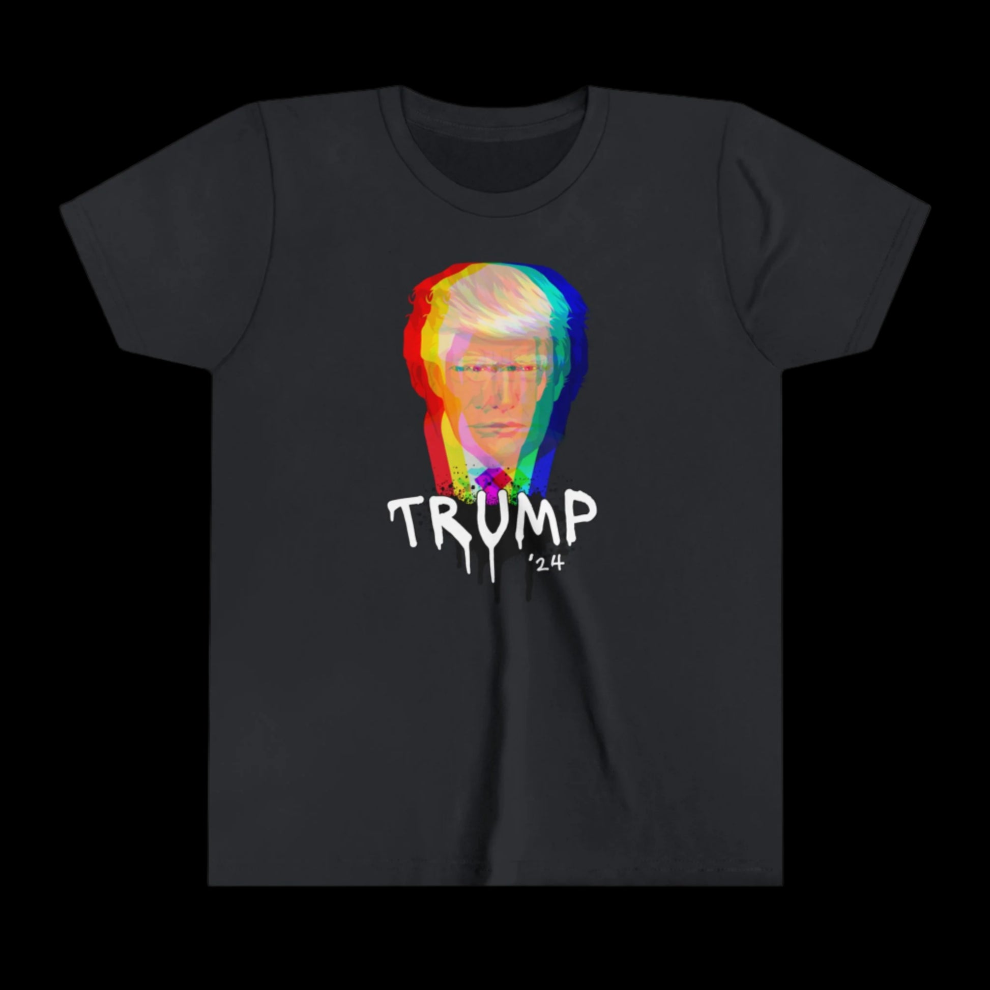 This 100% cotton black T-shirt features a vibrant, glitch-effect image of a mans face with TRUMP 24 boldly displayed in white, drippy letters, offering a unique blend of Trump-Graffiti Art style.