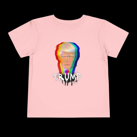Pink tee crafted from soft cotton, featuring a colorful, distorted portrait of a person with TRUMP in bold, dripping letters underneath. This vibrant design stands out against a black background, perfect for making your toddlers outfit pop with artistic flair.