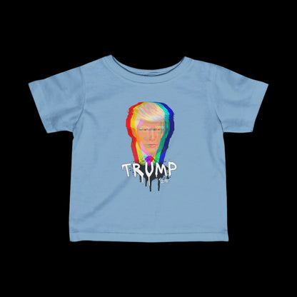 This cotton infant tee showcases a bold design with a distorted, multicolored image of a mans face above the word TRUMP in graffiti art style, all set against a stark black background. The playful dripping letters add an edgy twist to this unique light blue t-shirt.