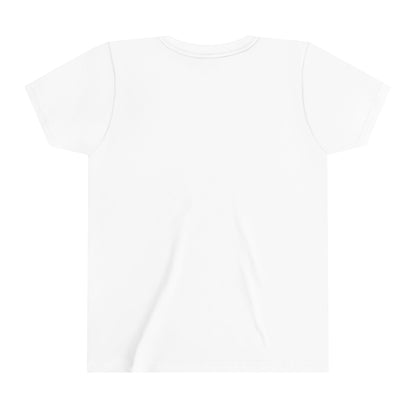 This youth tee, crafted from 100% cotton, is shown from the back against a white background.