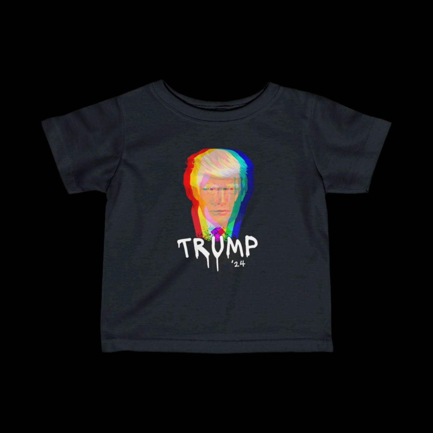 A black cotton T-shirt transforms into a Trump-graffiti art masterpiece, boasting a stylized image of a mans face with glitch effects in red, blue, and green. Below, TRUMP 24 appears in bold, dripping white letters.