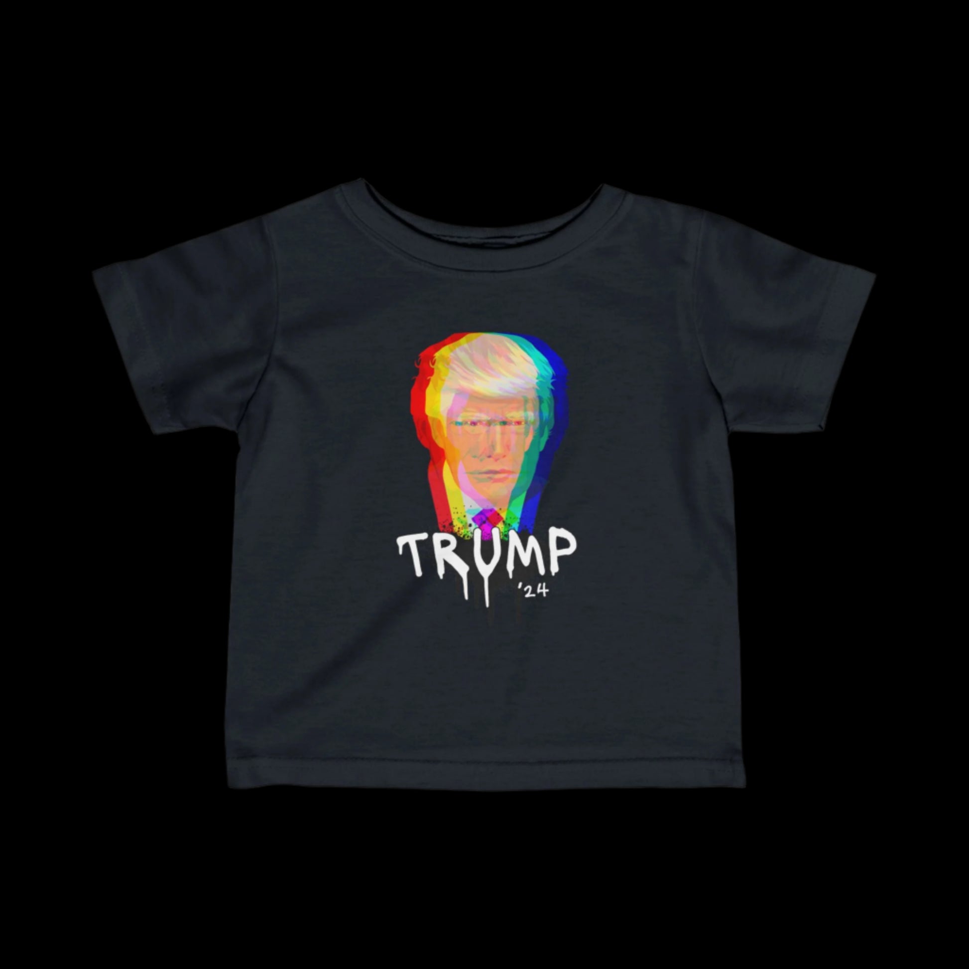 A black cotton T-shirt transforms into a Trump-graffiti art masterpiece, boasting a stylized image of a mans face with glitch effects in red, blue, and green. Below, TRUMP 24 appears in bold, dripping white letters.