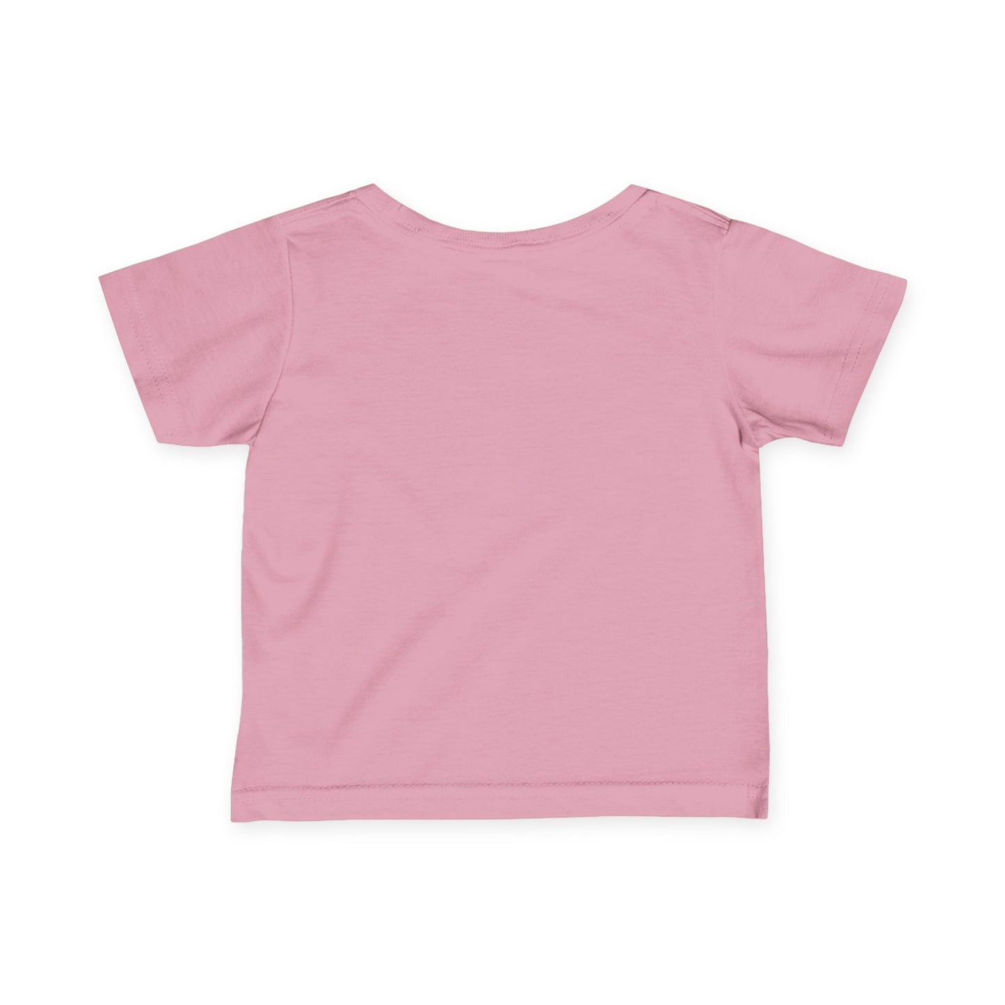 A pink infant tee displayed on a plain white background, shown from the back, highlighting the soft cotton fabric and simple design with a round neckline.