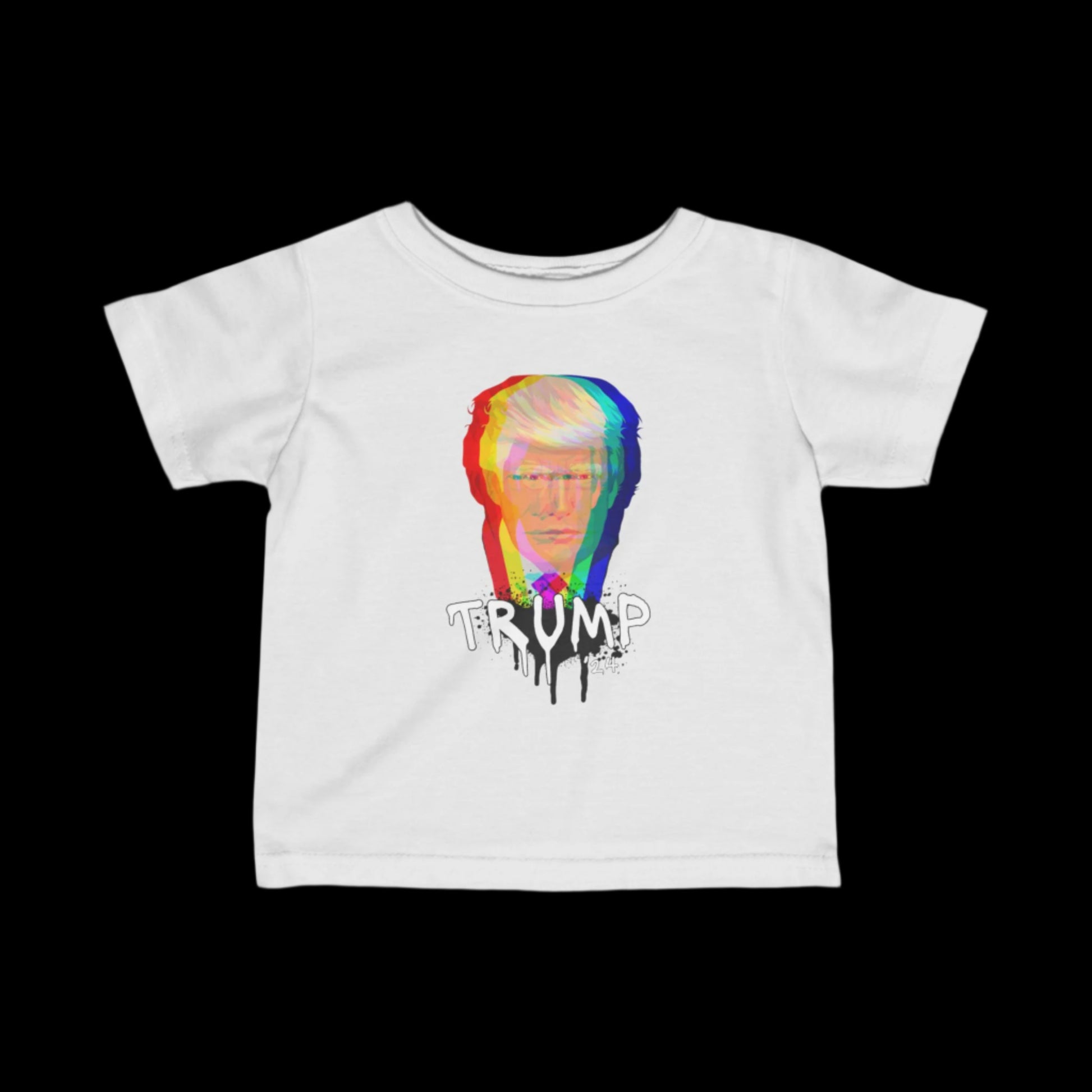 Infant tee adorned with a multicolored glitch-style portrait of a man, showcasing vibrant cotton graphics above dripping text that reads TRUMP in graffiti art.