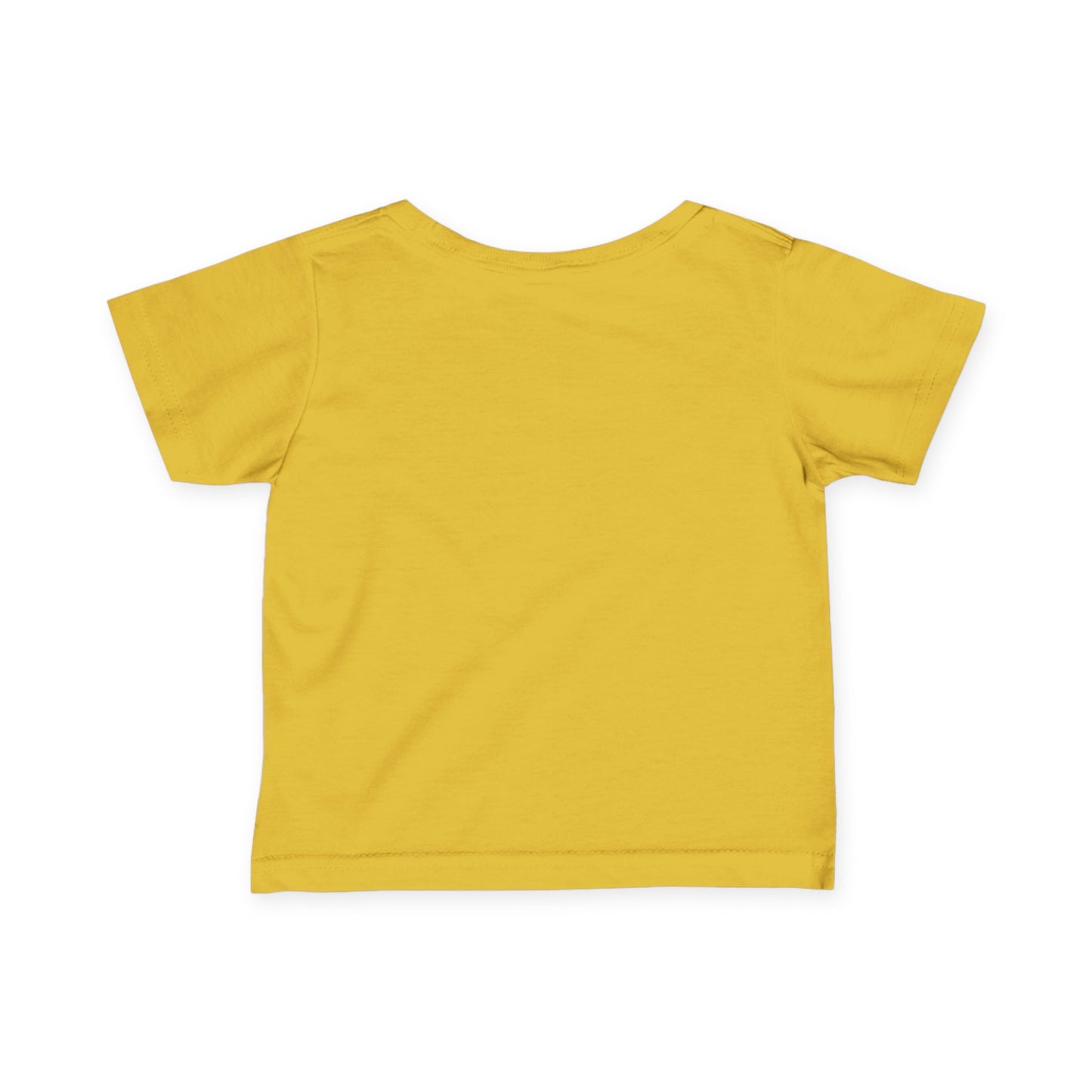 Displayed on a plain white background, this yellow short-sleeved infant tee showcases the back view. Made from soft cotton, it features a simple, classic design with a round neckline that provides comfort and style for little ones.
