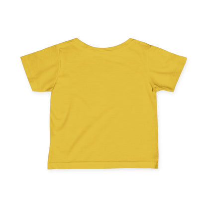 Displayed on a plain white background, this yellow short-sleeved infant tee showcases the back view. Made from soft cotton, it features a simple, classic design with a round neckline that provides comfort and style for little ones.