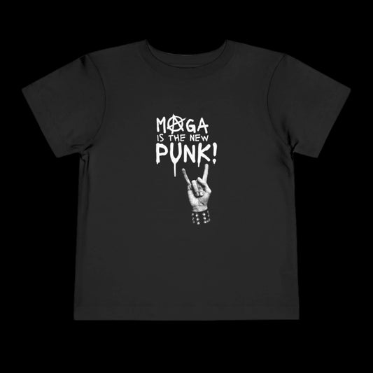 Black short sleeve graphic tee with white text MOGA IS THE NEW PUNK! above a hand making the rock and roll gesture. The hand sports a studded bracelet, all set against a plain black background. Perfect for adding edge to your style.