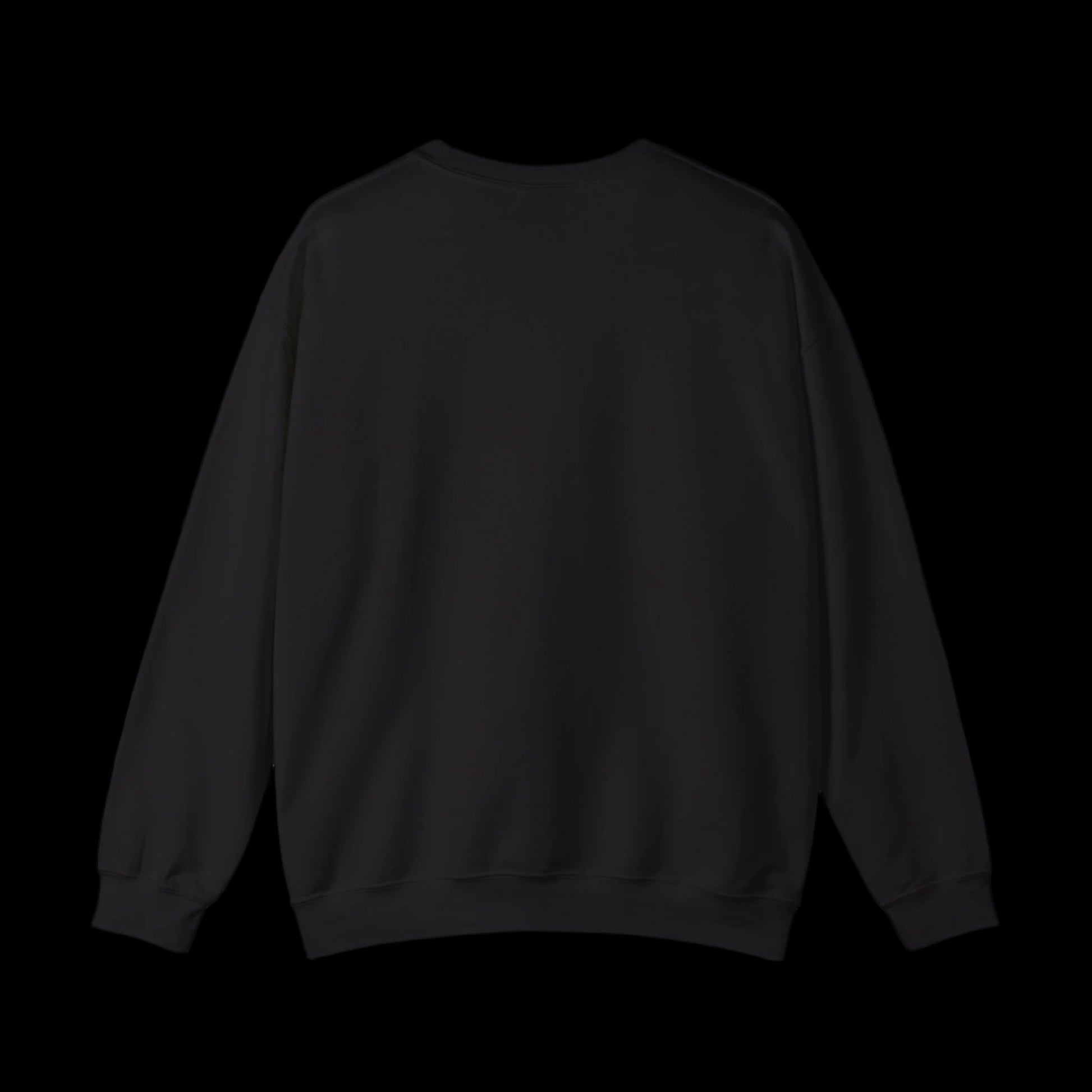 A plain black, OEKO-TEX-certified crewneck sweatshirt is displayed against a white background, showcasing the back view. This sweatshirt features long sleeves and a casual style, ensuring both comfort and quality with its heavy blend fabric.