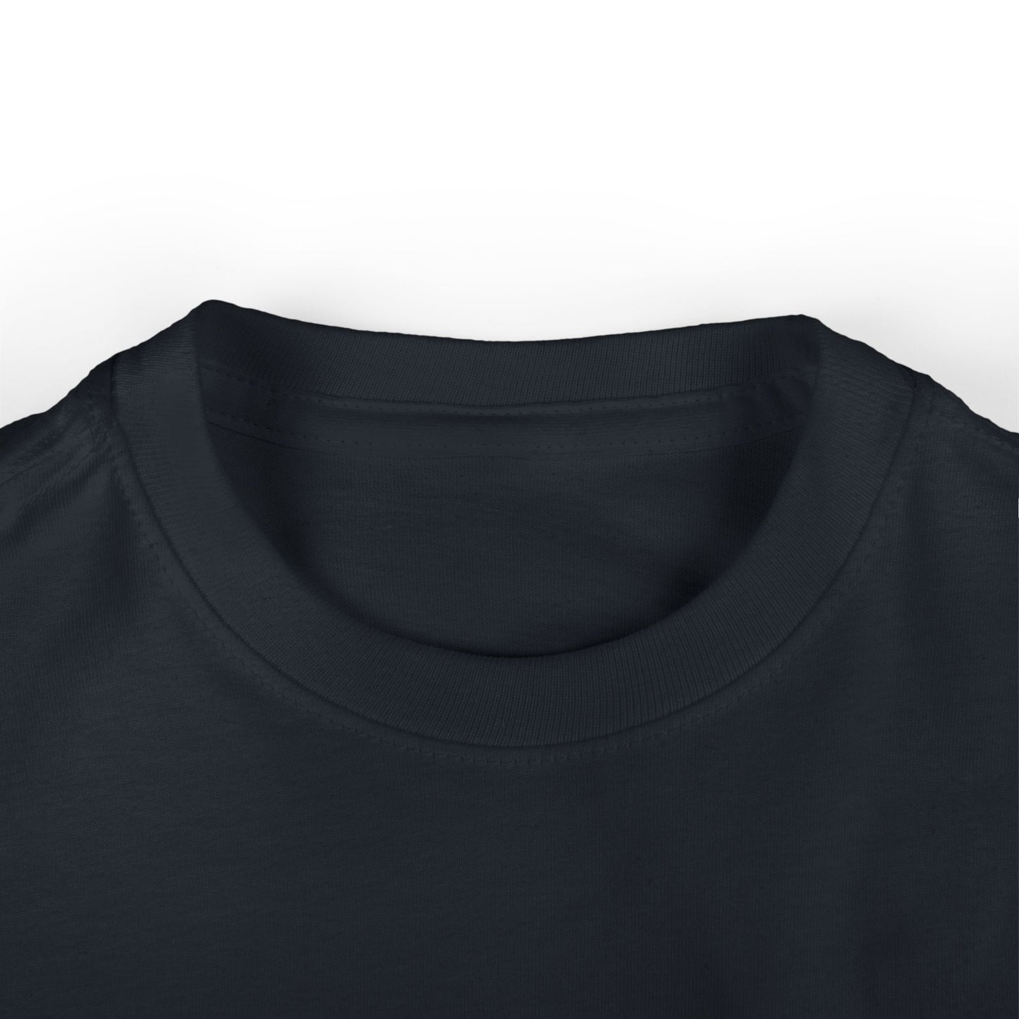Close-up of a dark green cotton crew neck t-shirt laid flat. The image focuses on the collar and upper part, showcasing the smooth fabric and precise stitching detail. The white background enhances the shirts color contrast beautifully.
