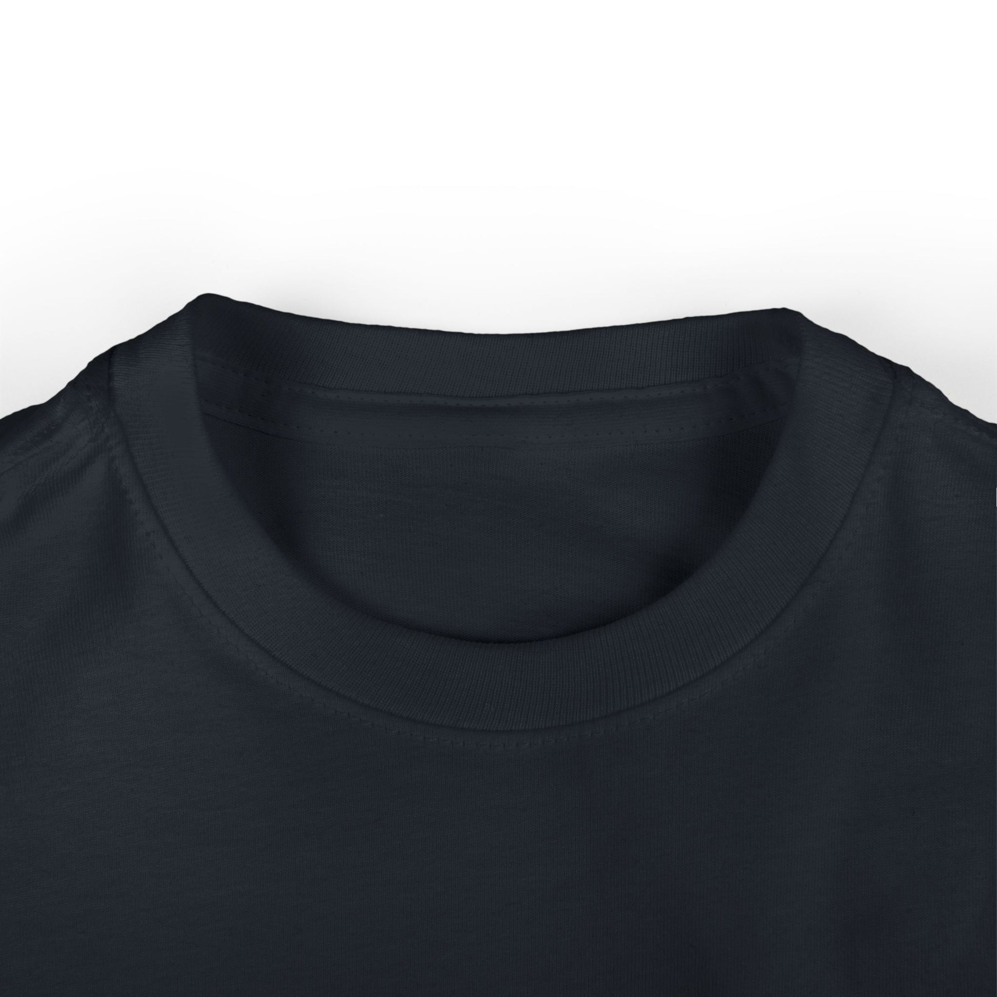 Close-up of a dark green cotton crew neck t-shirt laid flat. The image focuses on the collar and upper part, showcasing the smooth fabric and precise stitching detail. The white background enhances the shirts color contrast beautifully.