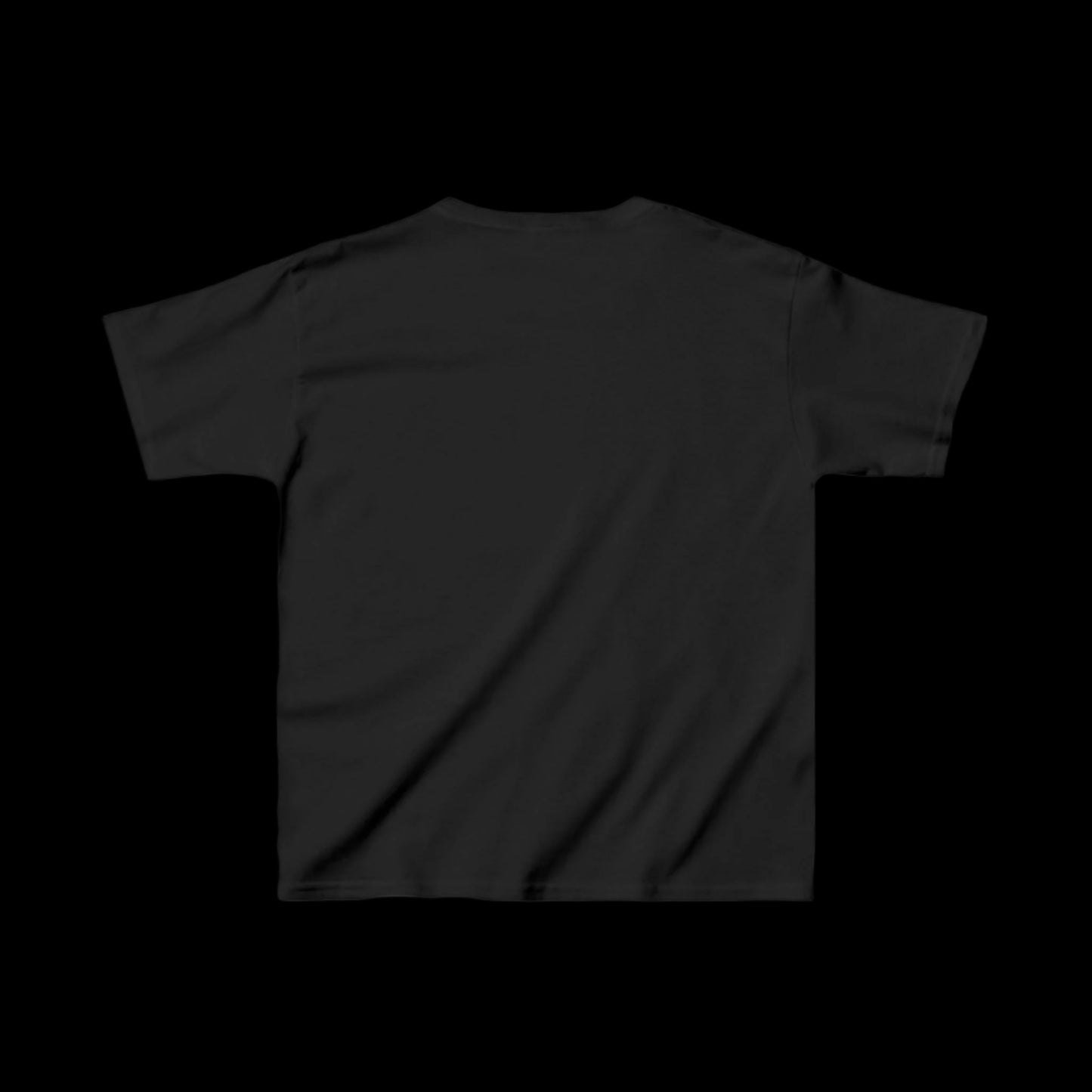A plain black kids MAGA tee seen from the back, placed against a solid black background. Crafted from ethically grown US cotton, this t-shirt features a simple design with short sleeves and a crew neck.