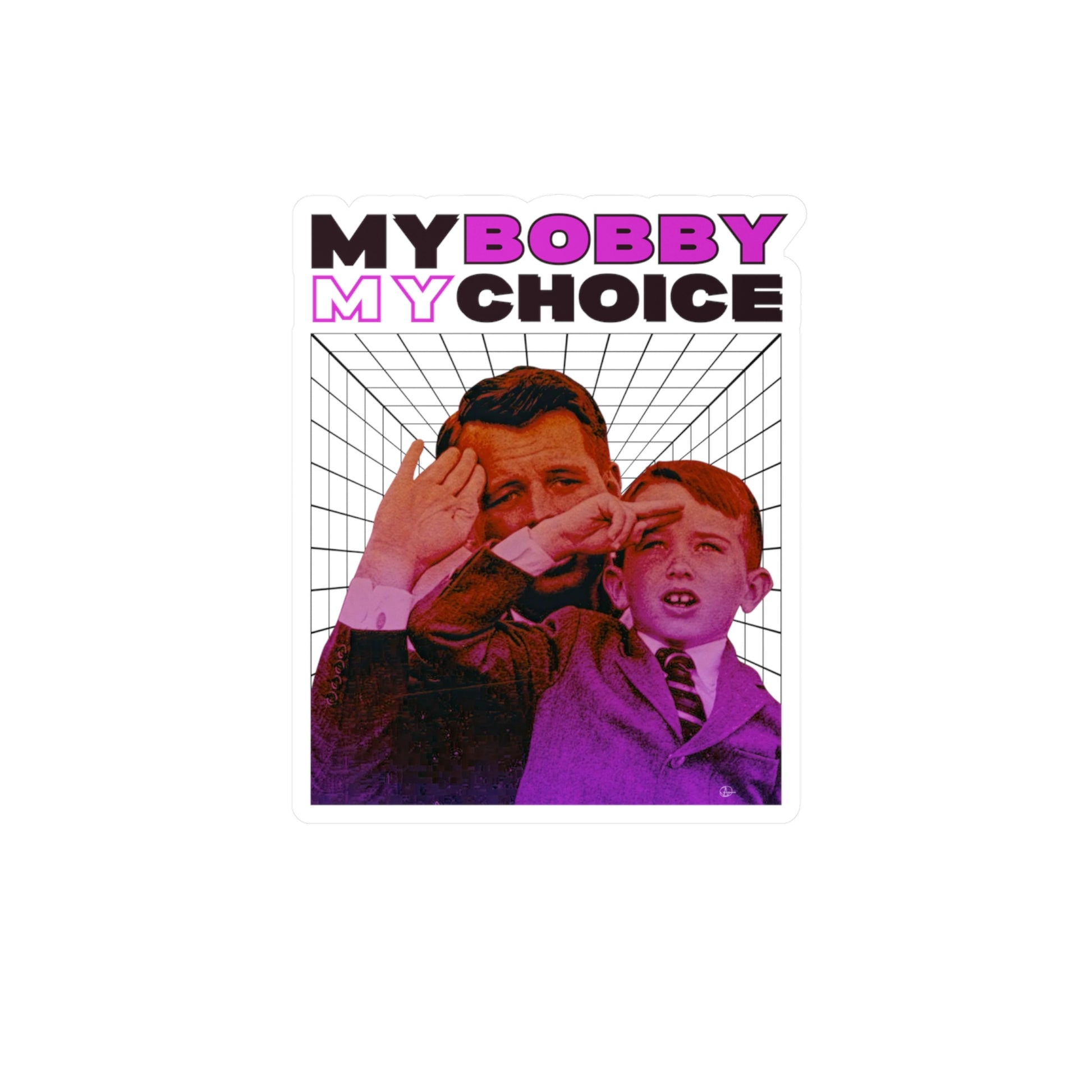 A retro-style image of RFK and RFK Jr. in suits, saluting against a grid-patterned background. My Bobby, My Choice is boldly displayed in black and pink lettering. This vibrant RFK Jr. Decal design shines in tones of pink and purple, perfect as a vinyl sticker.