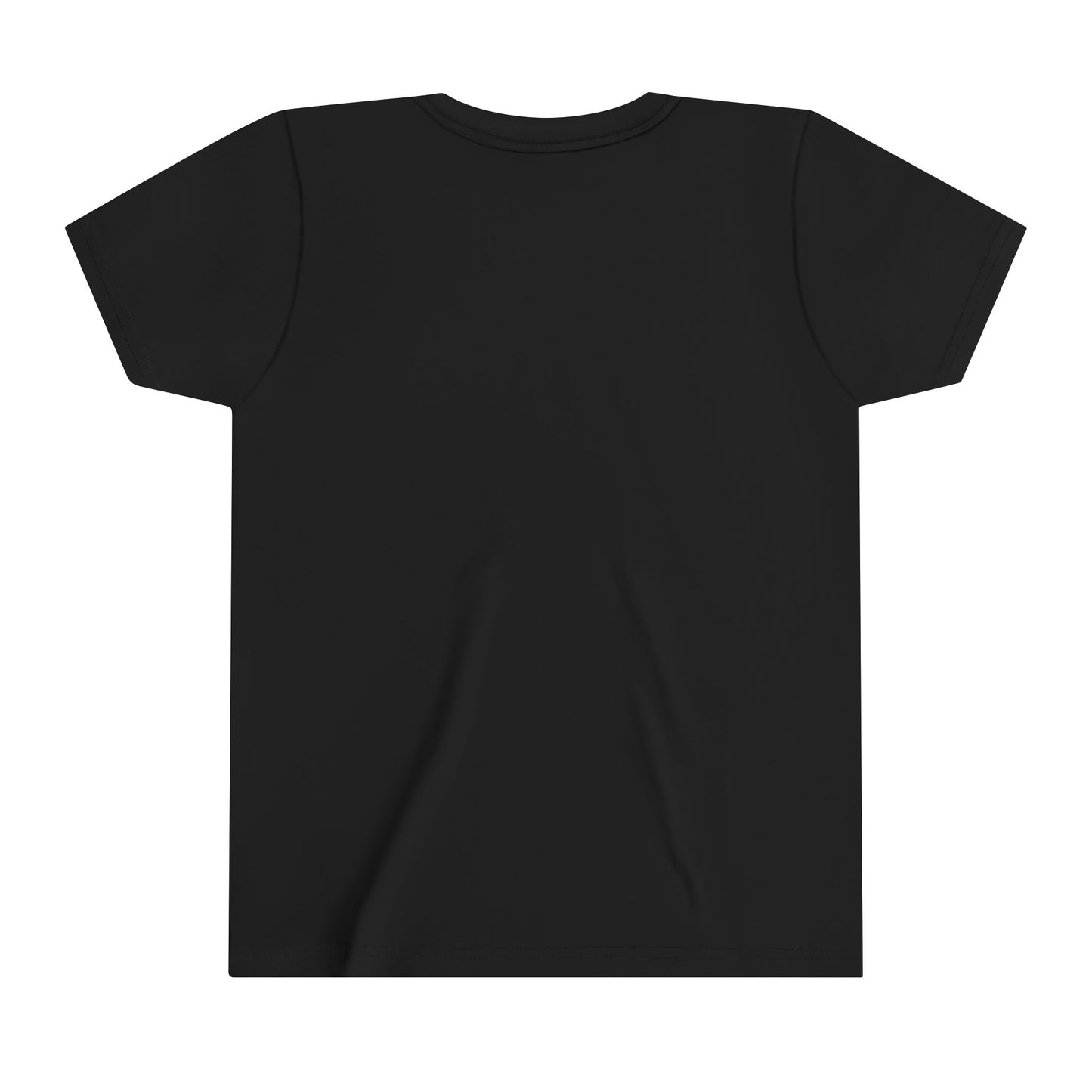 The image showcases a plain black T-shirt, photographed from the back. This youth tee features short sleeves and a round neckline, crafted from 100% cotton with no visible logos or designs.