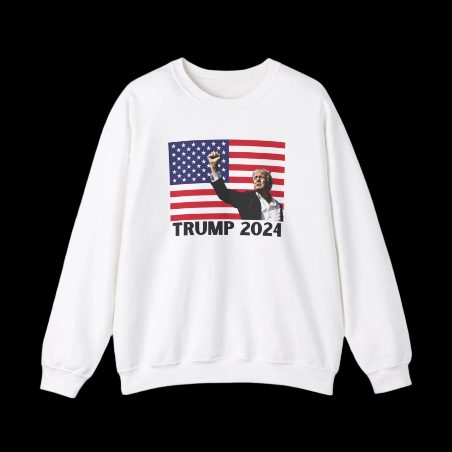 This OEKO-TEX-certified, heavy blend crewneck sweatshirt boasts an iconic image of a person raising their fist before an American flag, with TRUMP 2024 boldly displayed below. Perfect for those seeking stylish Trump sweatshirts that embody comfort and confidence.