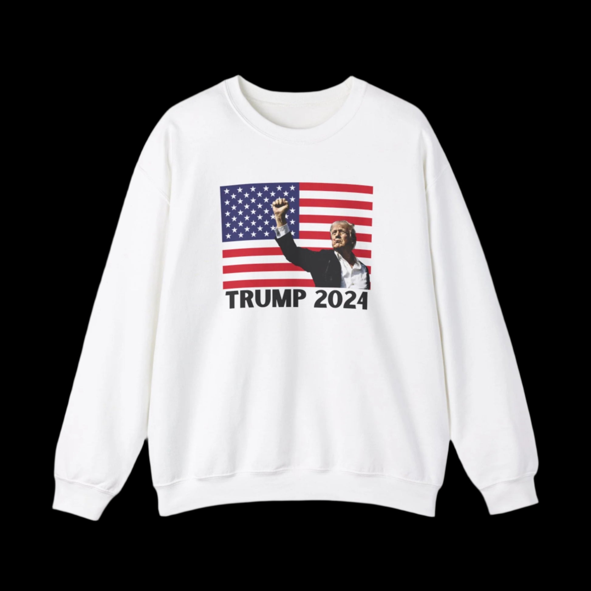This OEKO-TEX-certified, heavy blend crewneck sweatshirt boasts an iconic image of a person raising their fist before an American flag, with TRUMP 2024 boldly displayed below. Perfect for those seeking stylish Trump sweatshirts that embody comfort and confidence.