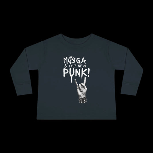 This 100% cotton toddler tee features a bold black design with MOGA IS THE NEW PUNK! in striking white text, accompanied by an edgy hand making the rock sign, complete with studded wristbands. Perfect for making a statement from an early age!.