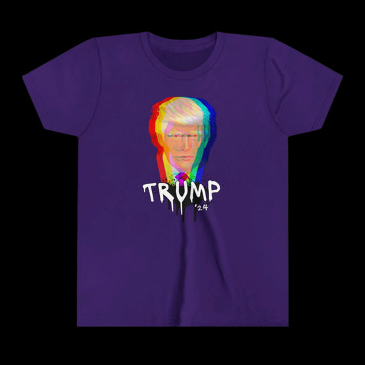 Purple Youth Tee featuring a distorted, multicolored graffiti art image of a persons head. Below, TRUMP is boldly printed with 24 beneath it. Made from 100% cotton for ultimate comfort.