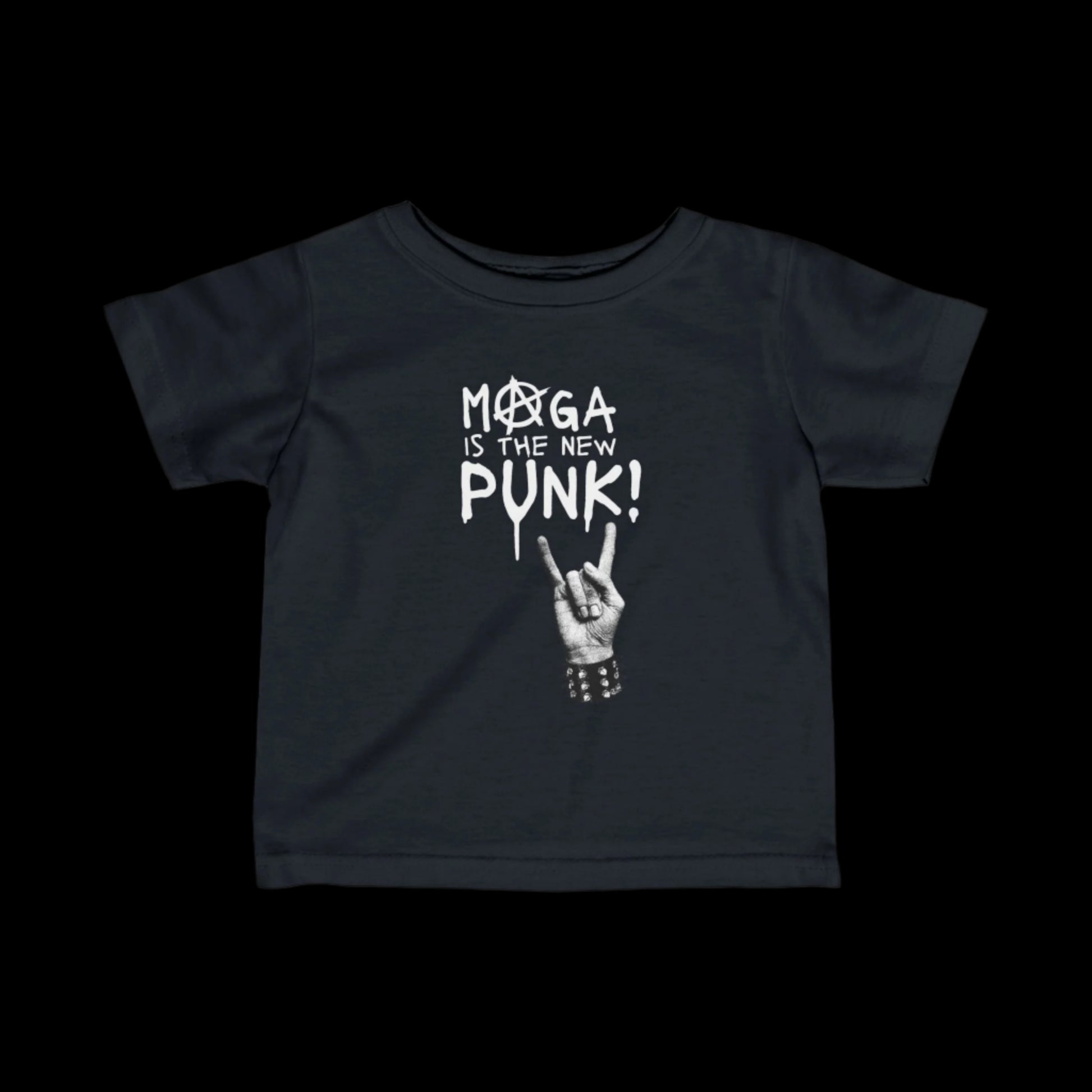 This black jersey toddler t-shirt, made from 100% cotton, features a white design with a star inside a circle, the text MOGA IS THE NEW PUNK!, and an illustration of a hand making a rock sign with a studded bracelet. Perfect for your little rebel, the Punk-Infant Tee stands out on any black background.