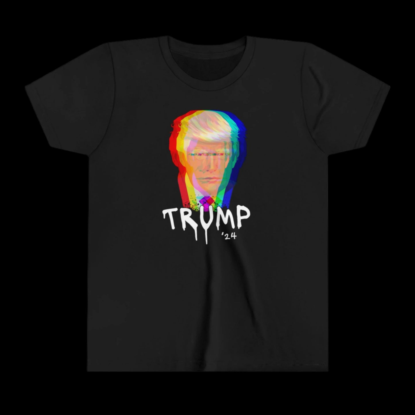 A black youth tee showcasing a stylized, glitch-effect portrait of a man with vibrant red, blue, and green overlays. Crafted from 100% cotton, it features the text TRUMP 24 beneath the image in a white, graffiti-like dripping font.