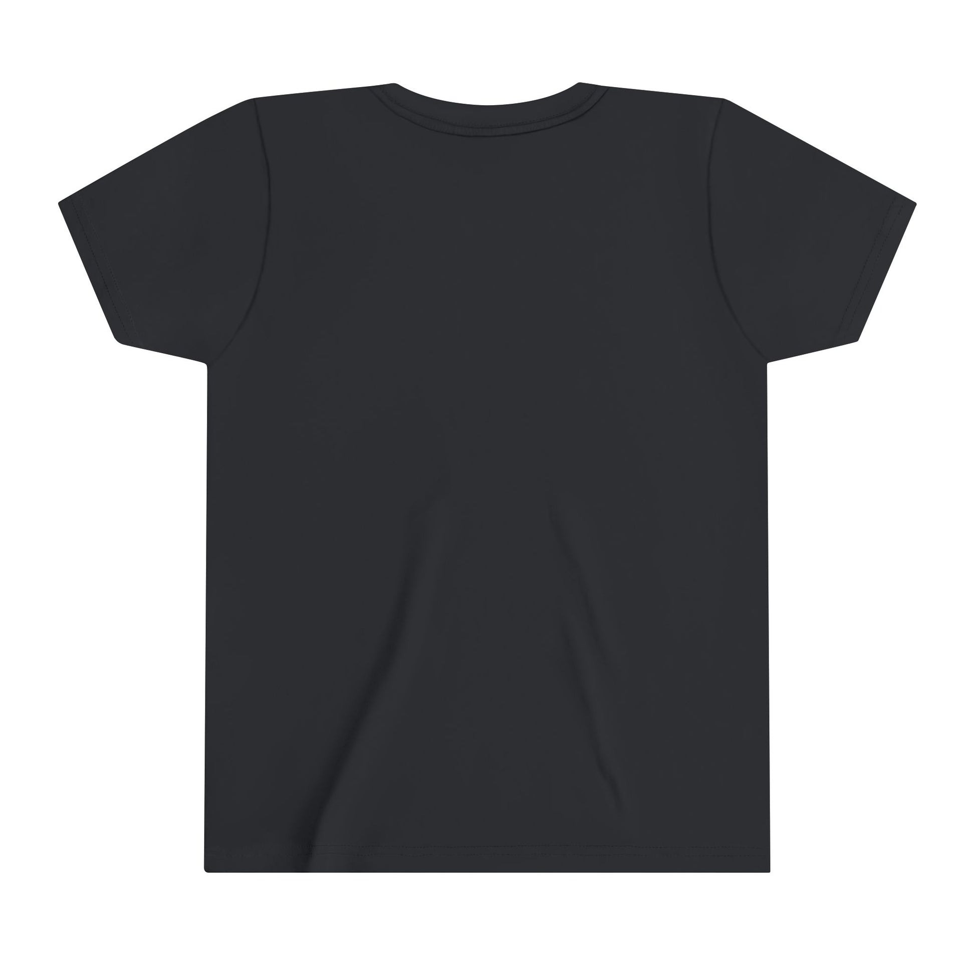 A plain black youth tee shown from the back, featuring short sleeves and a crew neckline. Made from 100% cotton, the fabric appears smooth and unadorned.