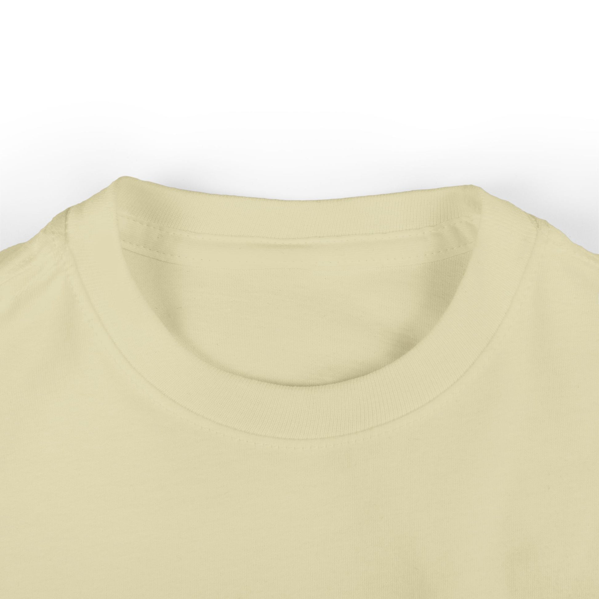 A close-up view of a cotton, light yellow T-shirt collar against a white background. The fabric appears soft and smooth, showcasing the rounded neckline reminiscent of an infant tee.