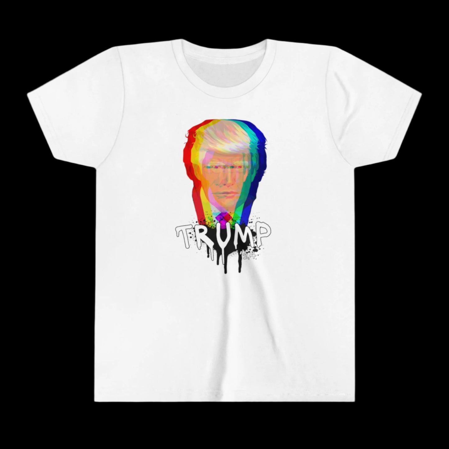 A youth tee made from 100% cotton, this white T-shirt showcases a distorted, colorful image of a man with stylized TRUMP graffiti art dripping below. The black background makes the design pop.