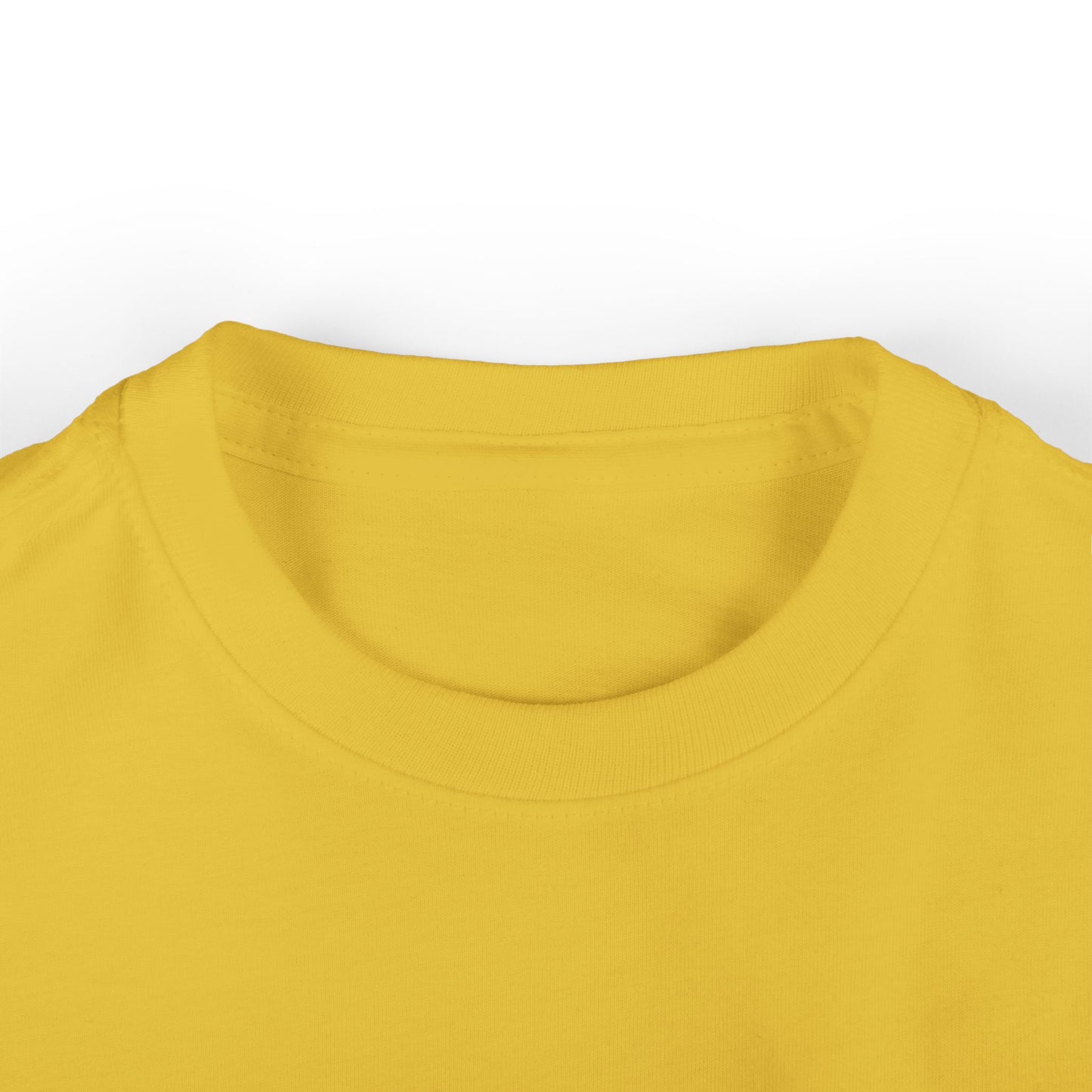 A close-up of a soft, cotton yellow T-shirt on a white background, highlighting the neckline and part of the upper chest area.