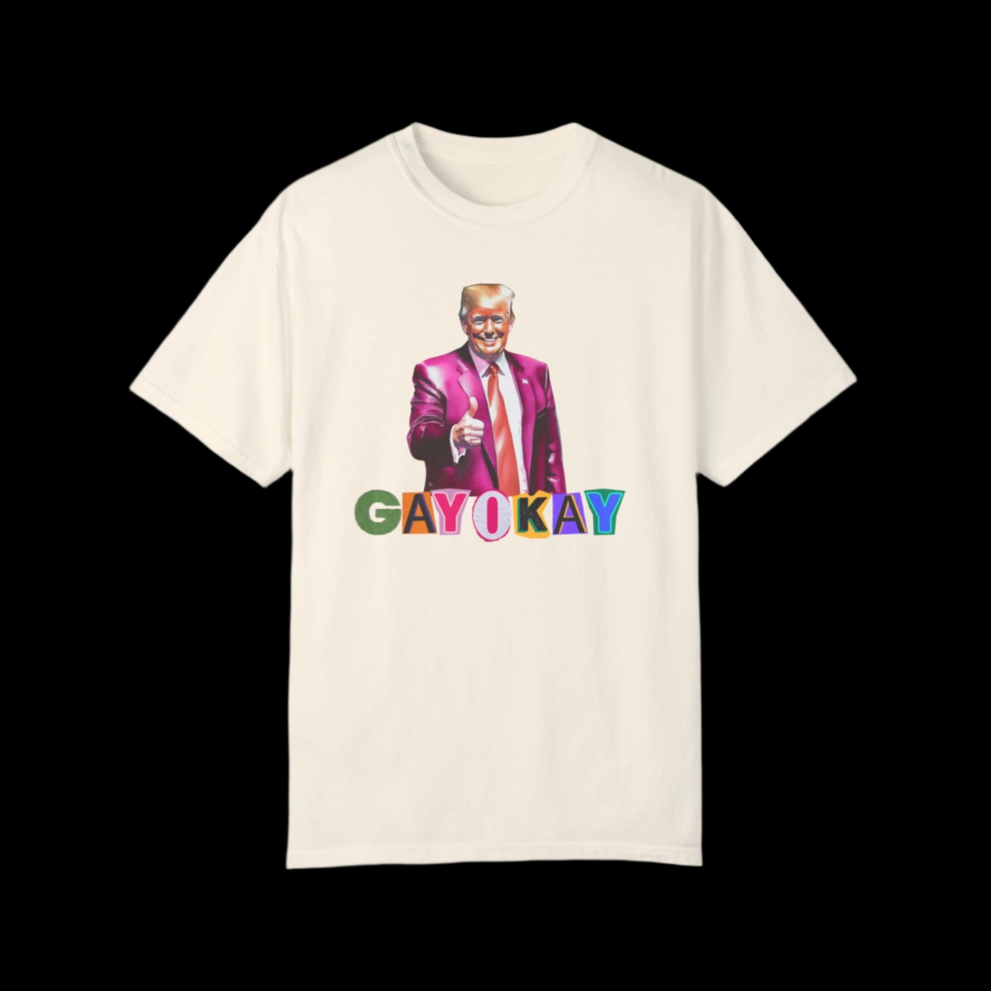 This unisex cotton t-shirt showcases a colorful illustration of a man in a suit giving a thumbs-up. Below him, the vibrant text GAY OKAY celebrates LGBTQ pride against a black background.