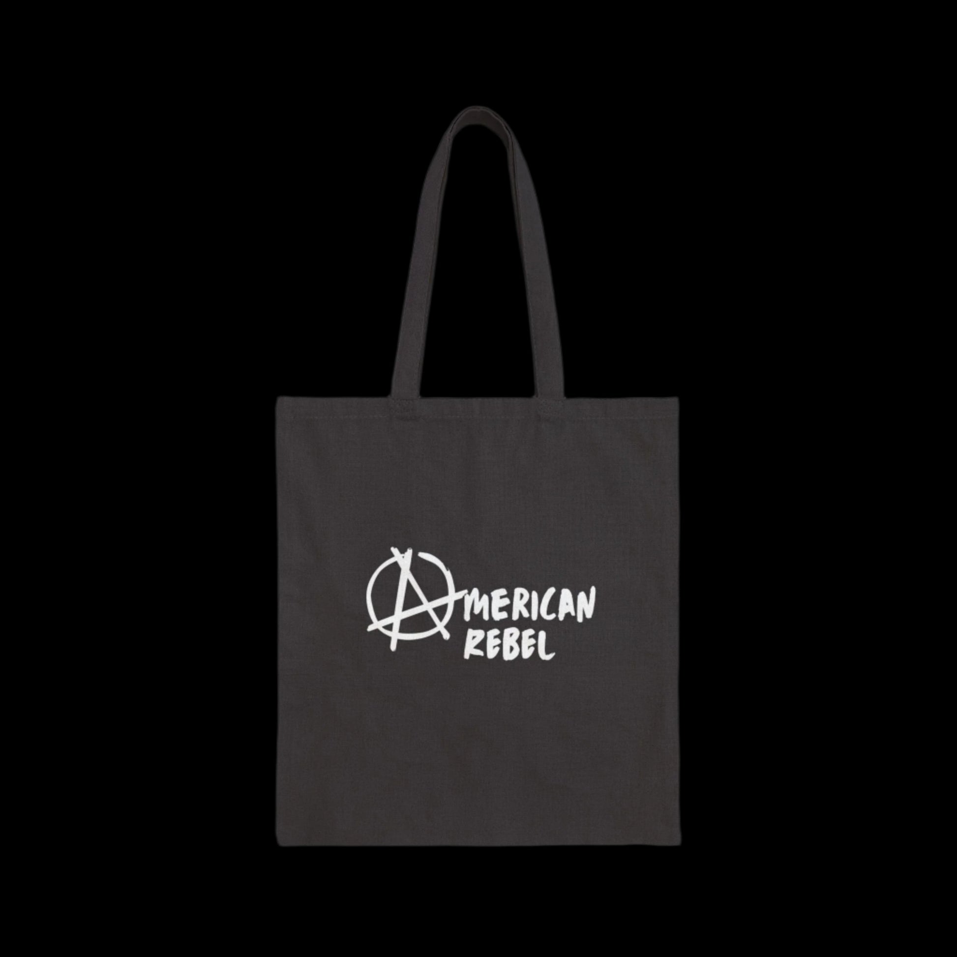 A black cotton canvas tote bag proudly displaying American Rebel in white, with the letter A artistically styled as the anarchist symbol.