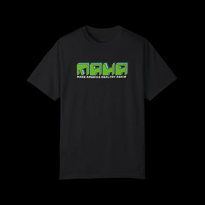 The Make America Healthy Again (MAHA) unisex t-shirt is black with green retro text on the front, made from 100% cotton for comfort.