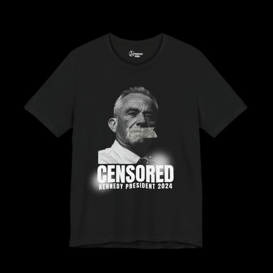 A black t-shirt crafted from breathable Airlume cotton, featuring a grayscale image of RFK Jr. with tape over his mouth. The text, in white letters, boldly states CENSORED and Kennedy President 2024.