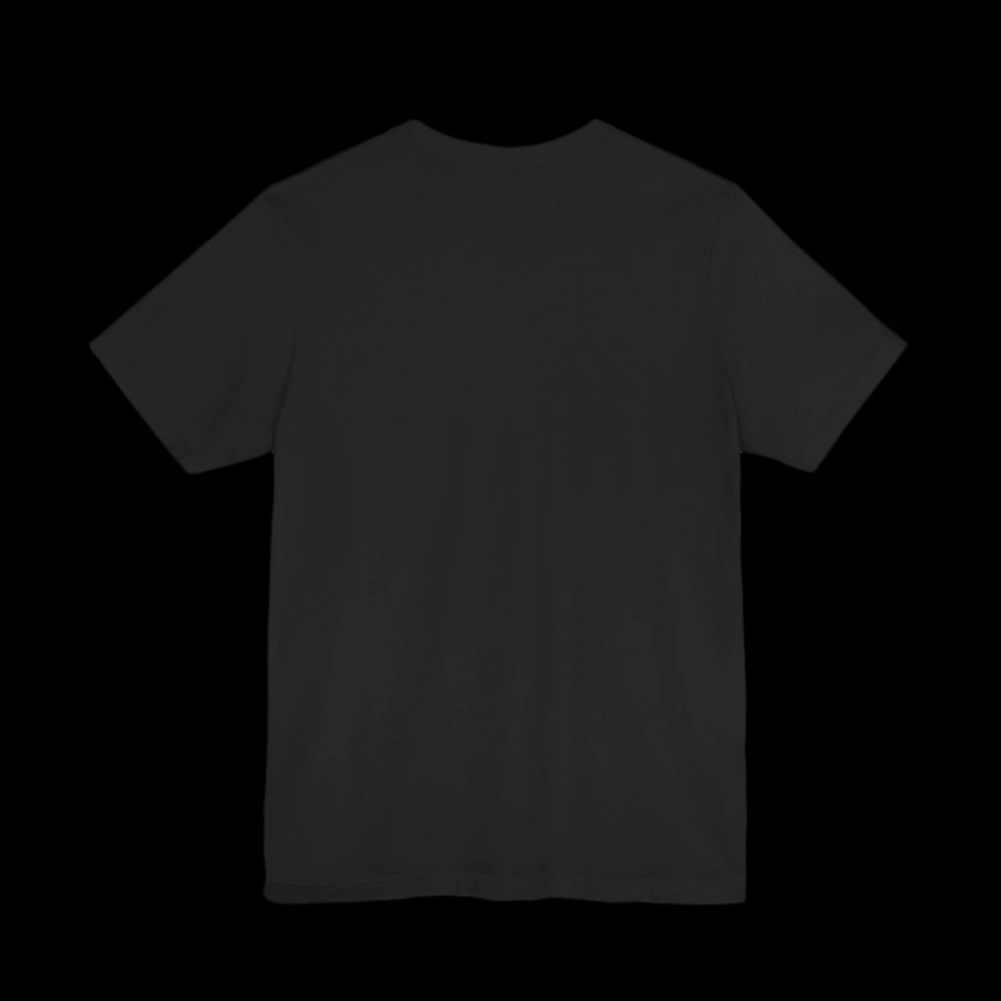 A plain black t-shirt, reminiscent of a retro vintage tee, viewed from the back against a solid black background. The shirt is crafted from 100% cotton and features short sleeves and a round neckline, with no visible logos or extra details.