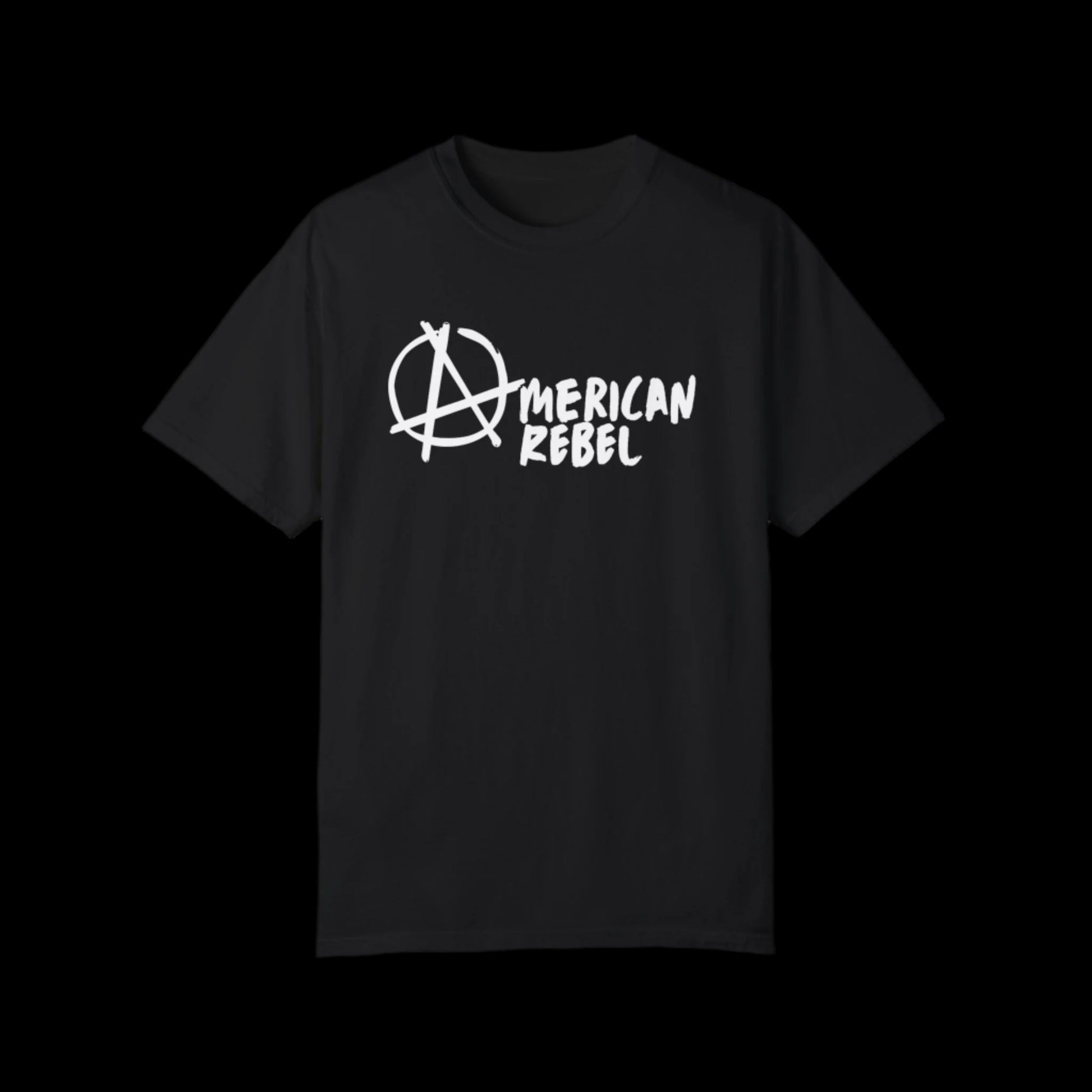 Black T-shirt with a vintage look, crafted from 100% cotton, showcasing white text that reads American Rebel alongside an iconic anarchy symbol.