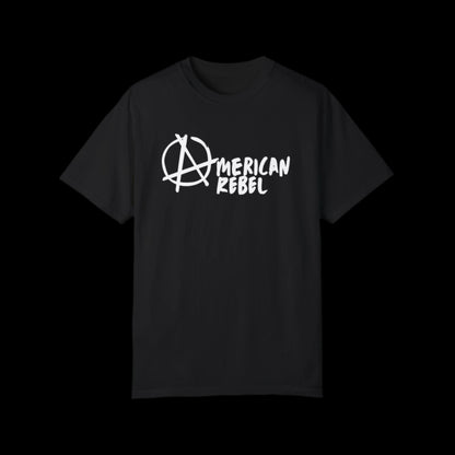 Black T-shirt with a vintage look, crafted from 100% cotton, showcasing white text that reads American Rebel alongside an iconic anarchy symbol.